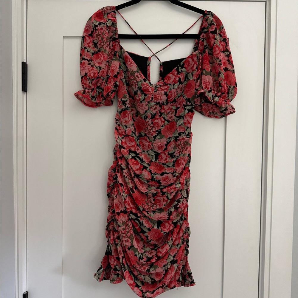 Red Ruched Puff Sleeve Mini Dress
